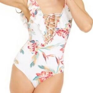 Roxy White Floral Lace-Up One-Piece Swimsuit